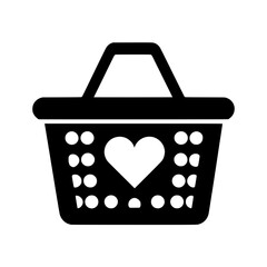Shopping Basket Icon with Heart Symbols, Simple black and white icon of a shopping basket decorated with heart shapes, representing love for shopping or gifts.

