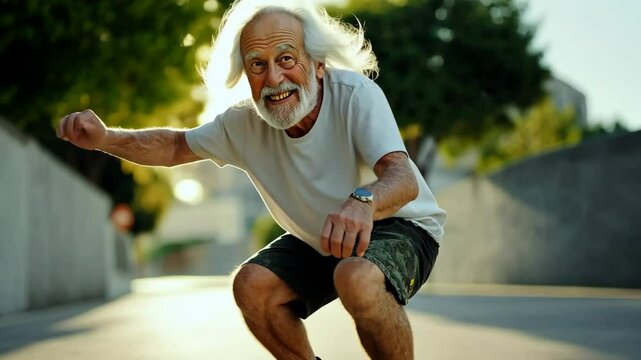 Senior Caucasian man with long white hair skateboarding on a sunny street. He wears a white t-shirt and patterned shorts, showcasing an active lifestyle. Generative 4k video.