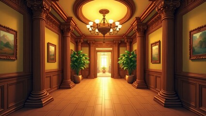 Elegant classic hallway with wooden columns and paintings