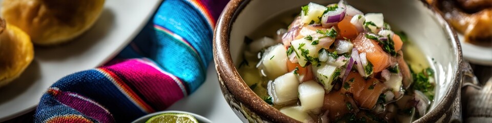 Delicious ceviche with fish, onions, and herbs served in ceramic bowl, representing peruvian cuisine