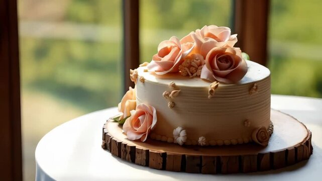 Single-layer blush-pink buttercream cake adorned with piped rosettes around the base and scattered sugar roses on top on a wood slab romantic rose concept