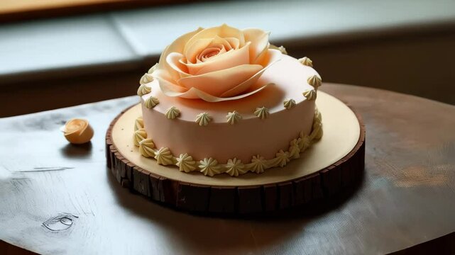 Single-layer pastel-pink fondant cake topped with a large sugar rose and piped shell border on a wood slab vintage tea party concept