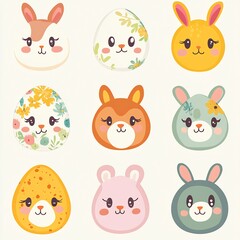 Fototapeta premium Kawaii Easter Eggs Vector Art – Cute Animal Face Designs in Adorable Cartoon Style for Spring Holiday Decor, Stickers, and Digital Prints