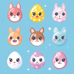 Fototapeta premium Kawaii Style Easter Eggs with Cute Animal Face Designs – Adorable Vector Art Featuring Bunnies, Chicks, and Pastel Holiday Themes