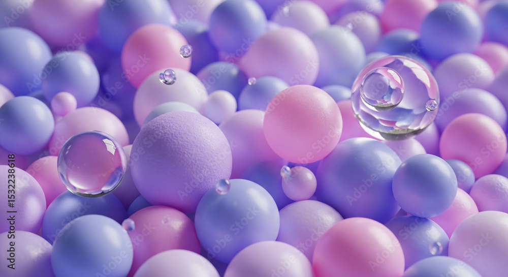 Poster close-up of pastel pink and purple spheres, some transparent, creating a smooth and dreamy texture, 