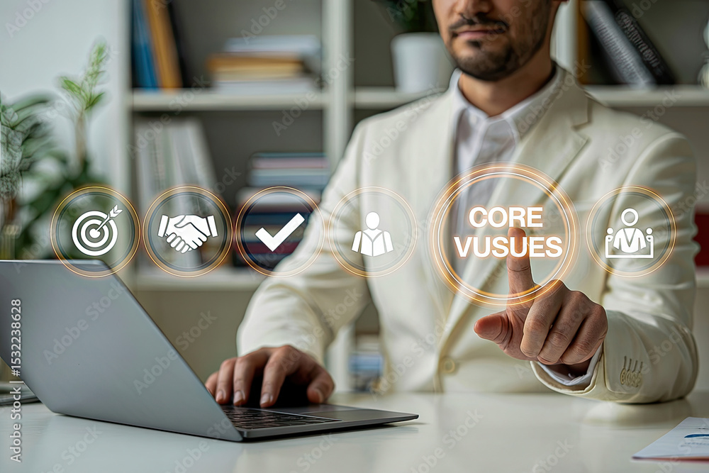 Poster businessman selecting core values on a digital interface