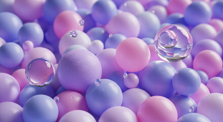 Close-up of pastel pink and purple spheres, some transparent, creating a smooth and dreamy texture, showcasing a gentle and calming aesthetic, ideal for background or design element
