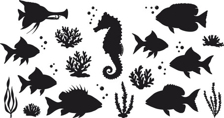 Underwater sea life silhouette, tropical fish, seahorse, coral, seaweed, marine illustration, editable vector graphic, ocean nature clipart