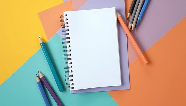 Overhead view of white spiral notebook and colored pencils on paper. - Powered by Adobe