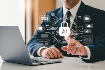Businessman using ai technology for secure data protection and cloud computing