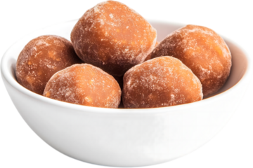 Round orange sweet dessert balls in white bowl on a transparent background

