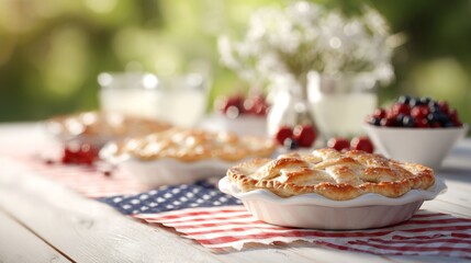 Delightful 4th of July table adorned with berry pies, lemonade, and cheerful decorations under warm sunlight