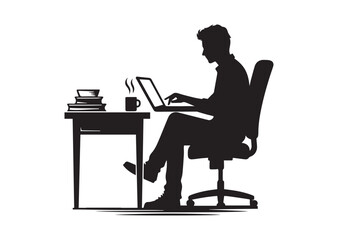 A man browsing laptop sitting on the chair in front of table Silhouette Vector