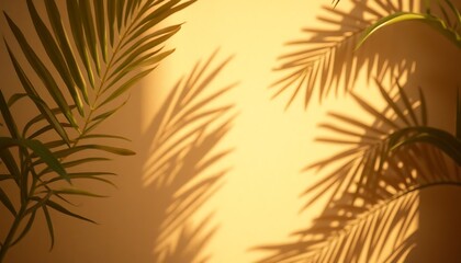 Fototapeta premium Palm frond silhouette on a warm yellow wall in bright sunlight.