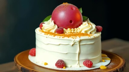 Vanilla chiffon cake adorned with red glossy sphere, raspberries and cream swirls on wooden stand. Modern minimalism concept - Powered by Adobe
