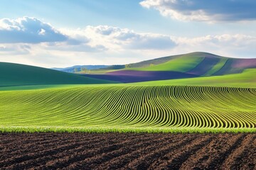 Rolling green fields creating stunning patterns under cloudy sky