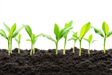 Young seedlings growing from dark fertile soil on white background