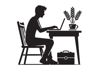 A man browsing laptop sitting on the chair in front of table Silhouette Vector