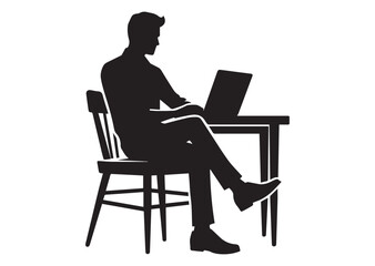 A man browsing laptop sitting on the chair in front of table Silhouette Vector