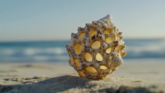 Beige Seashell on Sandy Beach with Ocean Background
