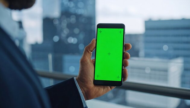 Man holding smartphone with green screen, city view
