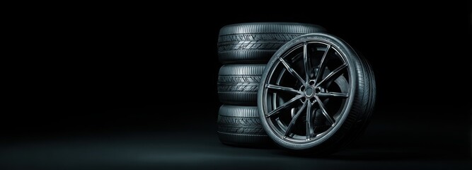 Black background with tires in the foreground. Close-up of car wheels. The concept is to place an advertising banner for tire services.