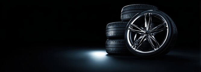 Black background with tires in the foreground. Close-up of car wheels. The concept is to place an advertising banner for tire services.