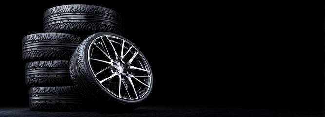 Black background with tires in the foreground. Close-up of car wheels. The concept is to place an advertising banner for tire services.
