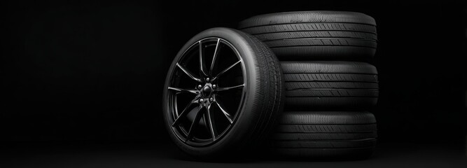 Black background with tires in the foreground. Close-up of car wheels. The concept is to place an advertising banner for tire services.