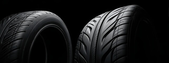 Black background with tires in the foreground. Close-up of car wheels. The concept is to place an advertising banner for tire services.