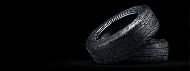 Black background with tires in the foreground. Close-up of car wheels. The concept is to place an advertising banner for tire services.