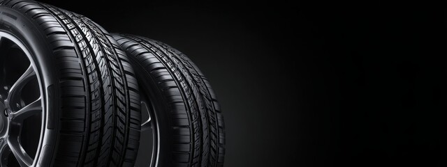 Black background with tires in the foreground. Close-up of car wheels. The concept is to place an advertising banner for tire services.