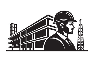 industrial illustration of construction industry business construction cranes building large city and professionals of industry wearing working helmets