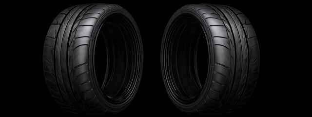 Black background with tires in the foreground. Close-up of car wheels. The concept is to place an advertising banner for tire services.