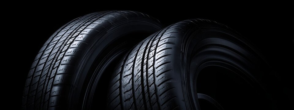 Black background with tires in the foreground. Close-up of car wheels. The concept is to place an advertising banner for tire services.
