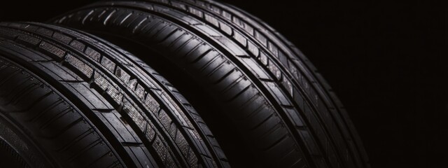 Black background with tires in the foreground. Close-up of car wheels. The concept is to place an advertising banner for tire services.