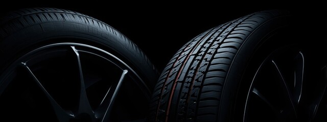 Black background with tires in the foreground. Close-up of car wheels. The concept is to place an advertising banner for tire services.
