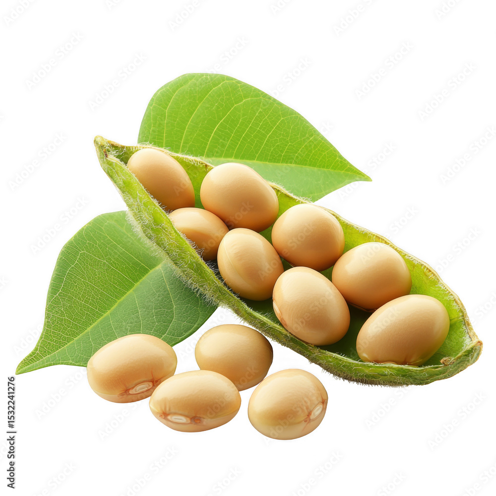 Poster an open soybean pod with smooth, oval-shaped soybeans resting inside and a few outside, accompanied 
