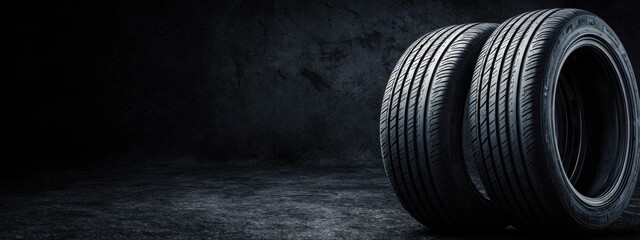 Black background with tires in the foreground. Close-up of car wheels. The concept is to place an advertising banner for tire services.