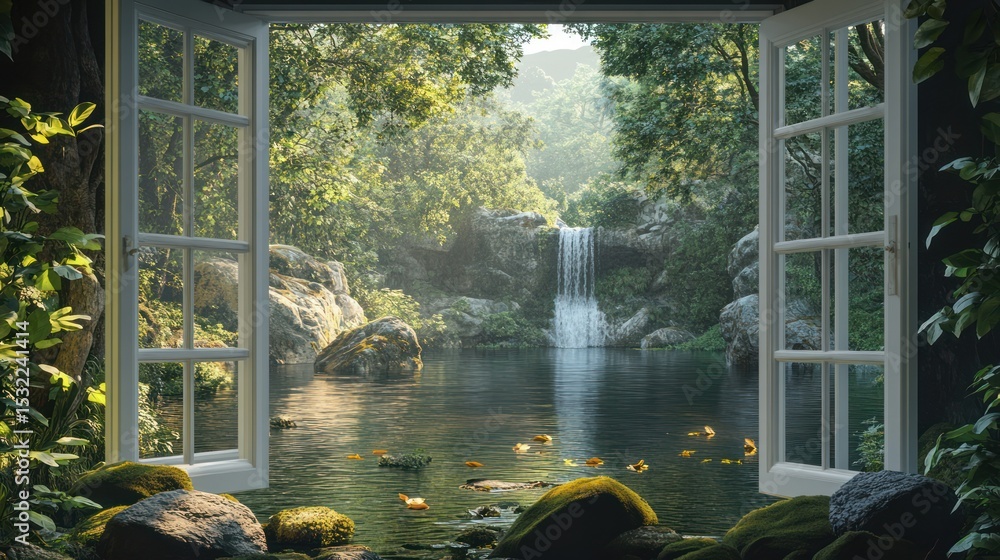 Poster a tranquil scene of a waterfall and lush greenery viewed through an open window