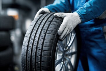 Obraz premium Close-up of a mechanic in uniform and gloves handling a brand new car tire with alloy wheel inside a service garage.