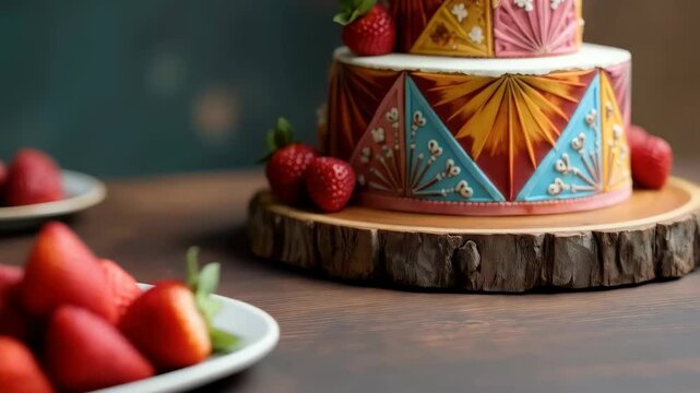 Two-tier cake featuring vibrant geometric patterned panels in red, yellow and blue topped with fresh strawberries on wooden board. Artistic celebration concept