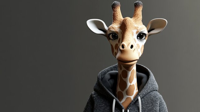 Anthropomorphic giraffe in gray hoodie, portrait against dark background