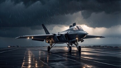 Military Jet Launching from Aircraft Carrier in Stormy Sea Operation"