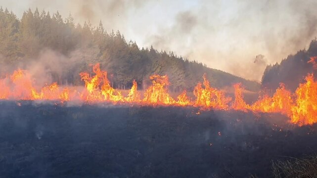 Pan shot of prescribed controlled fire in forest, planned burn with a lot of flames and smoke