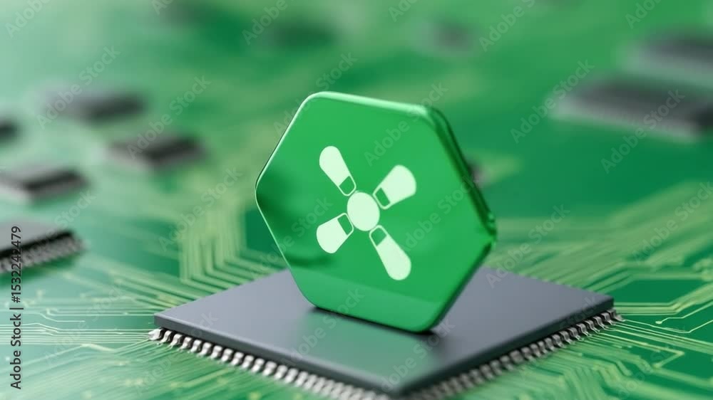 Poster abstract technology concept: a close-up shot of a metallic green hexagon, adorned with a propeller s
