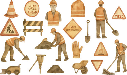 This vibrant illustration features road construction workers in safety gear, repairing a road with tools like shovels, wheelbarrows, and jackhammers. Includes warning signs, cones, and barriers, showc