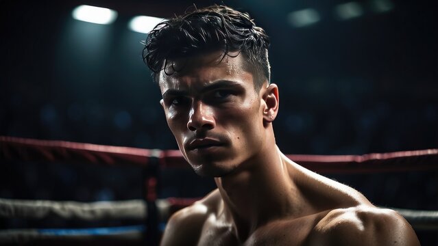 "Intense Male Boxer in Ring Under Spotlight &ndash; Grit and Power"