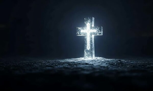 Glowing cross in the dark with mysterious light rays and dramatic shadows