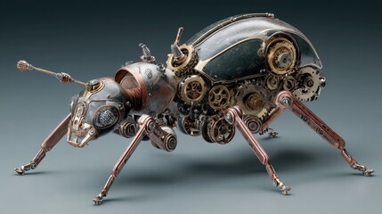 Fototapeta premium Cyber steampunk ant robot with gears, mechanical detail
